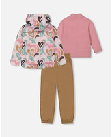 Deux par Big Girls 3-In-1 Mid-Season Outerwear Set With Printed Jacket Light Pink And Beige Pant