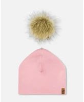 Deux par Girl Solid Jersey Detachable Pompom Hat Pale Pink - Toddler|Child