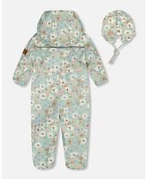 Deux par Baby Girls Printed Mid-Season One-Piece Outerwear With Hat Small White Flowers On Turquoise And Lilac