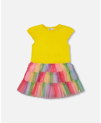 Deux par Baby Girls Short Sleeve Dress With Ruffle Tulle Skirt Multicolored