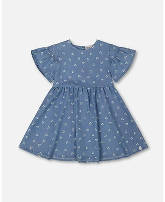 Deux par Toddler Girls Printed Chambray Dress Blue And White Cherries - Toddler|Child