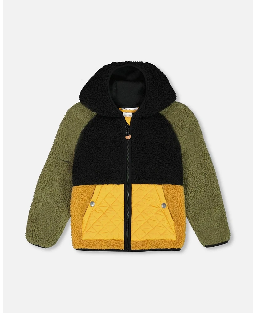 Deux par Baby Boys Sherpa Mid-Season Colorblock Jacket Black, Tan, And Olive Green