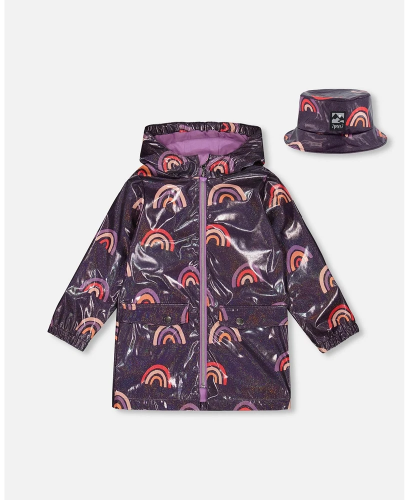 Deux par Big Girls Printed Rain Coat With Hat Rainbow On Shiny Background