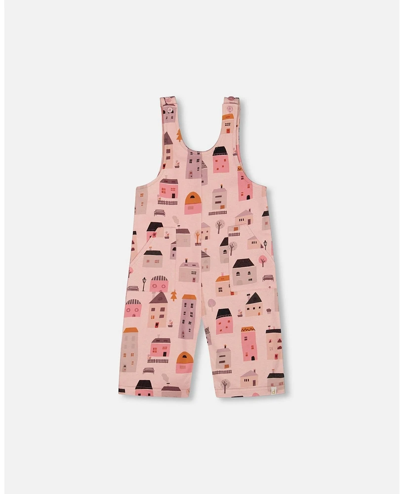 Deux par Toddler Girls Printed French Terry Overalls Pink And Coral Houses - Toddler|Child