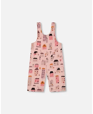 Deux par Toddler Girls Printed French Terry Overalls Pink And Coral Houses - Toddler|Child