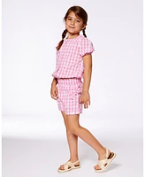 Deux par Big Girls Puff Sleeve Top Pink And White Checks