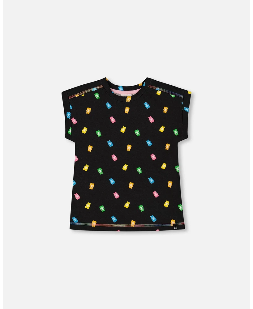 Deux par Toddler Girls Rolled Sleeve Tee With Print Black And Multicolored Gummies - Toddler|Child