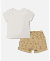 Deux par Deux Baby Boys Short Sleeve Top And French Terry Short Set Beige With Palm Trees And Blue Truck