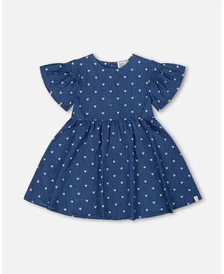 Deux par Toddler Girls Printed Chambray Dress Navy Blue And White Hearts - Toddler|Child