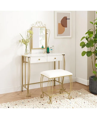 Vanity Mirror Table Set, Makeup Desk Vanity with Stool, Vintage Bedroom Vanity Lots Storage Dressing Table