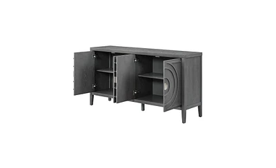 Retro Sideboard with Circular Groove Design and Round Door Handles for Entrance, Dining, or Living Room