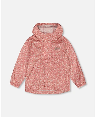 Deux par Girls Printed Packable Windbreaker Small White Flowers On Pale Pink