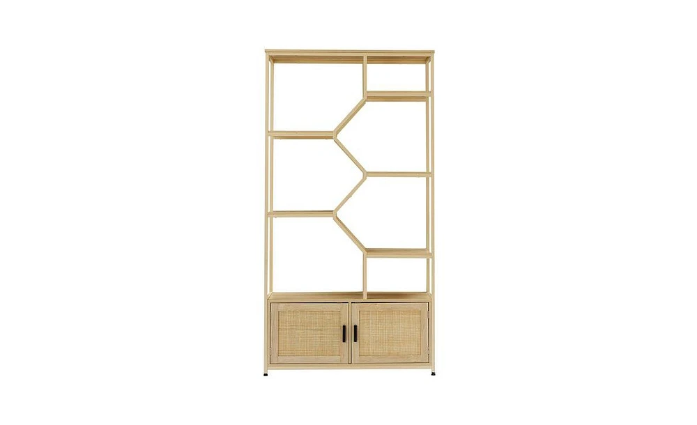 Stylish Rattan Bookshelf with 7 Shelves and Storage Cabinet