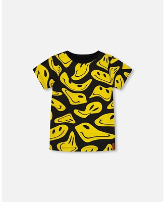 Deux par Toddler Boys Printed Organic Cotton Tee Black And Yellow Smile - Toddler|Child