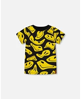 Deux par Toddler Boys Printed Organic Cotton Tee Black And Yellow Smile - Toddler|Child