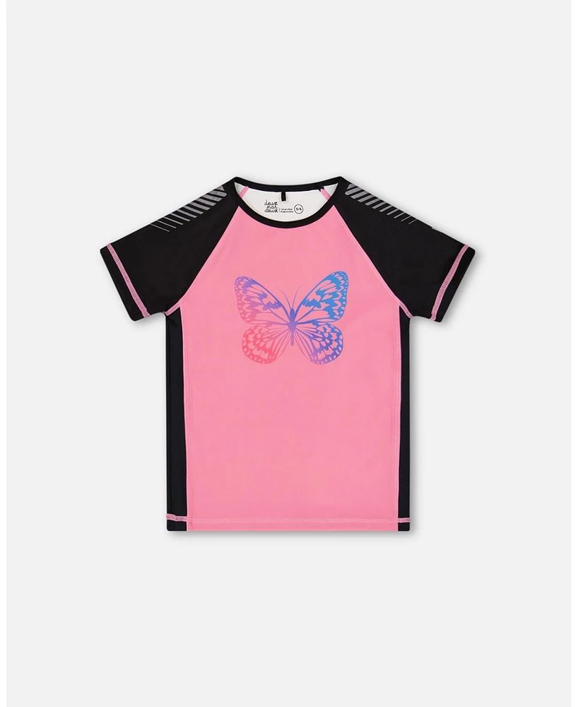 Deux par Girl Printed Short Sleeve Athletic Top Pink With Butterflies - Toddler|Child