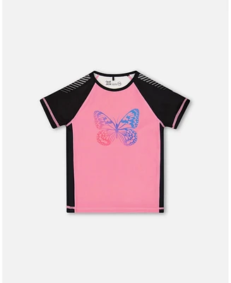 Deux par Girl Printed Short Sleeve Athletic Top Pink With Butterflies - Toddler|Child