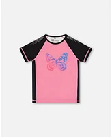 Deux par Girl Printed Short Sleeve Athletic Top Pink With Butterflies - Toddler|Child