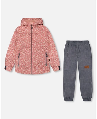 Deux par Baby Girls Printed Jacket Two-Piece Mid-Season Outerwear Set Small White Flowers On Pale Pink And Gray