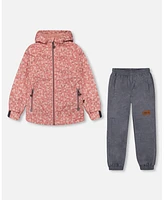 Deux par Baby Girls Printed Jacket Two-Piece Mid-Season Outerwear Set Small White Flowers On Pale Pink And Gray