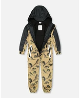 Deux par Big Boys Printed Mid-Season One-Piece Outerwear Black Dinosaur On Beige Background