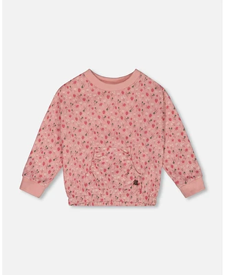 Deux par Big Girls Printed French Terry Sweatshirt Old Pink And Flowers