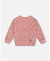 Deux par Big Girls Printed French Terry Sweatshirt Old Pink And Flowers