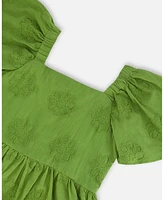 Deux par Big Girls Frill Sleeve Dress With Embroidery Green