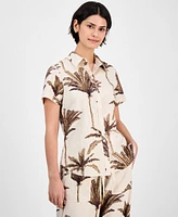 Nautica Jeans Women's Palm-Print Linen-Blend Camp Shirt