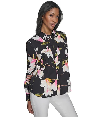 Halston Women's Floral Collared Patch-Pocket Shirt