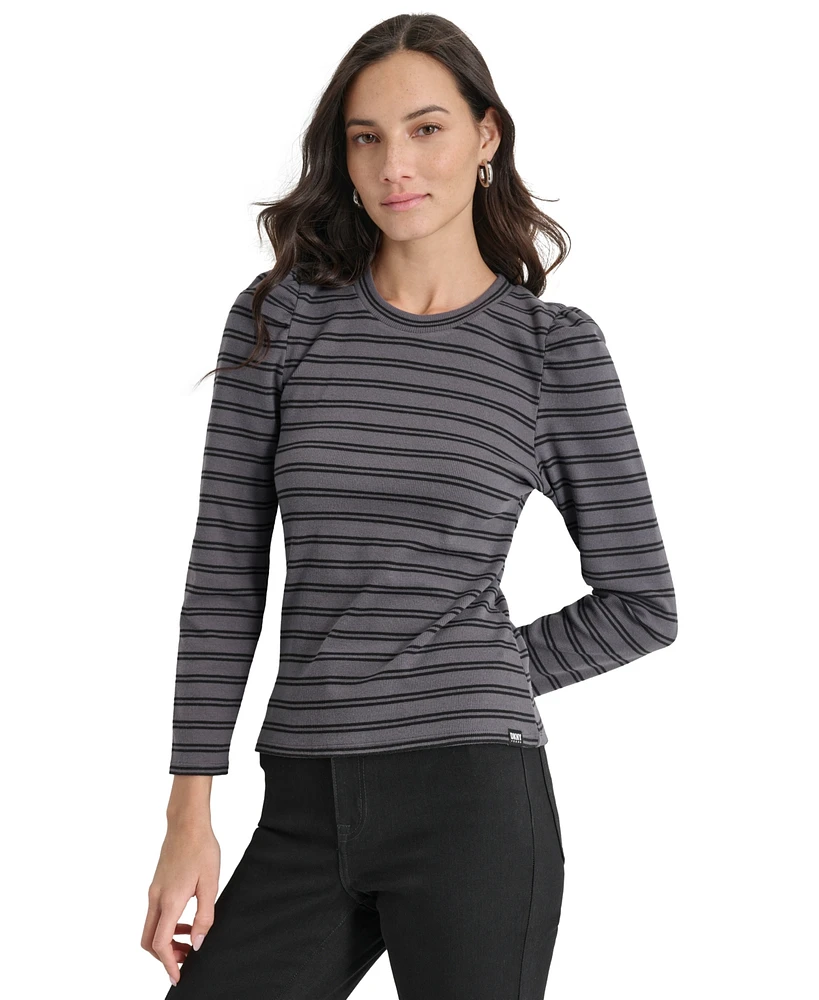 Dkny Jeans Petite Striped Round-Neck Puff-Shoulder Top