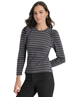 Dkny Jeans Petite Striped Round-Neck Puff-Shoulder Top