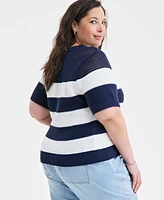 On 34th Trendy Plus Open-Knit Striped Short-Sleeve Sweater, Exclusively at Macy's