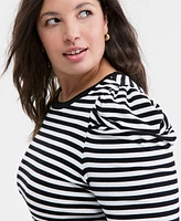 On 34th Trendy Plus Striped Puff-Shoulder Top, Exclusively at Macy's