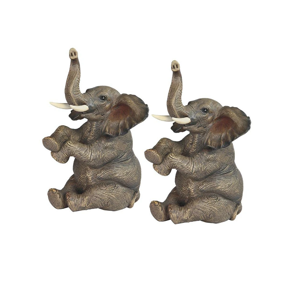 2-pc Set" Fc Design 7.75"H Sitting Elephant with Tusk Figurine Statue Ornament Home Room Office Decor and Perfect Ideas for Housewarming, Holidays an