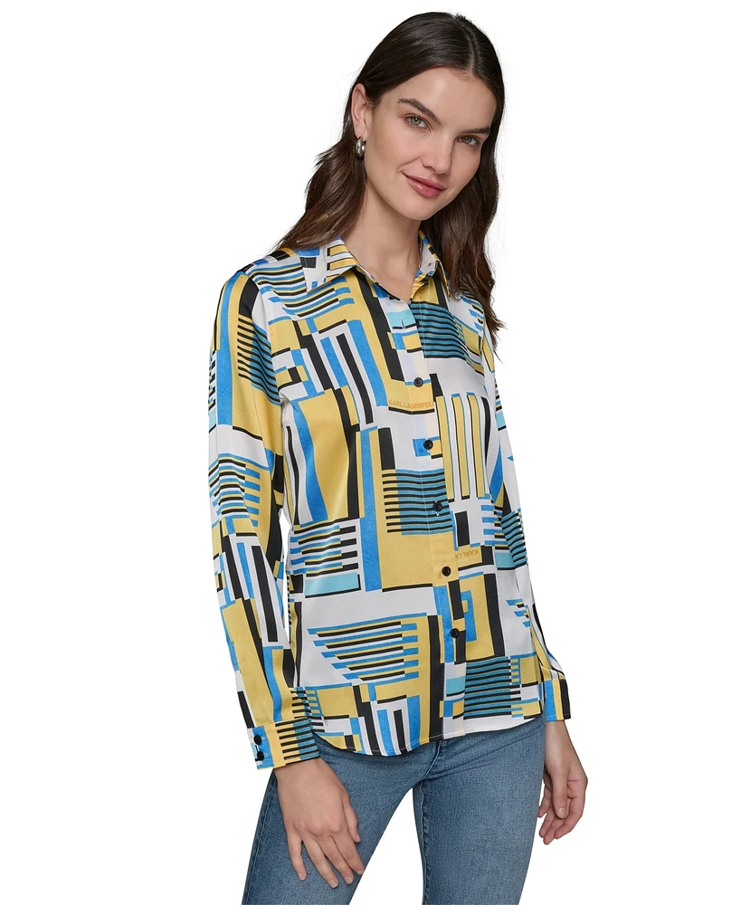 Karl Lagerfeld Paris Women's Satin Button-Front Printed Shirt
