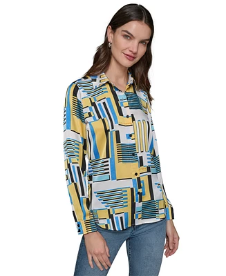 Karl Lagerfeld Paris Women's Satin Button-Front Printed Shirt