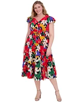 Vince Camuto Plus Floral-Print Flutter-Sleeve Fit & Flare Dress