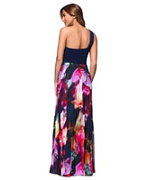 Xscape Petite Printed One-Shoulder Gown