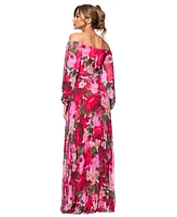 Xscape Petite Floral-Print Pleated Off-The-Shoulder Gown