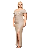 Xscape Plus Off-The-Shoulder Glitter Gown