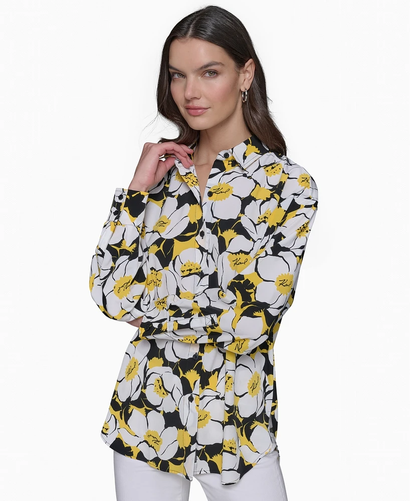 Karl Lagerfeld Paris Women's Printed Oversized Button-Front Top