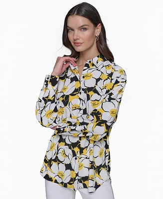 Karl Lagerfeld Paris Women's Printed Oversized Button-Front Top