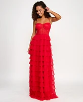 B Darlin Juniors' Lace Ruffled Sweetheart Sleeveless Gown, Created for Macy's