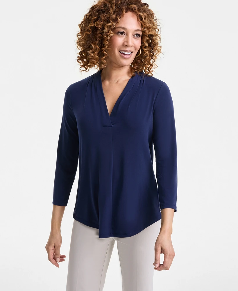 Jm Collection Women's 3/4 Sleeve V-Neck Pleat Top, Created for Macy's