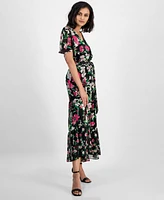 Kasper Women's Printed Tiered Smocked-waist Flutter-Sleeve Dress, Regular & Petite Sizes