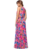 Xscape Women's Floral Chiffon Pleated Halter Gown