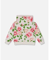 Deux par Big Girls Printed French Terry Hoodie Cardigan Pink Flowers On White Background