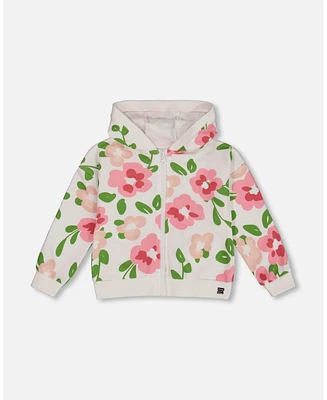 Deux par Big Girls Printed French Terry Hoodie Cardigan Pink Flowers On White Background