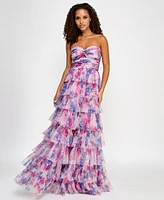 Bcx Juniors' Floral Print Ruffled Strapless Gown